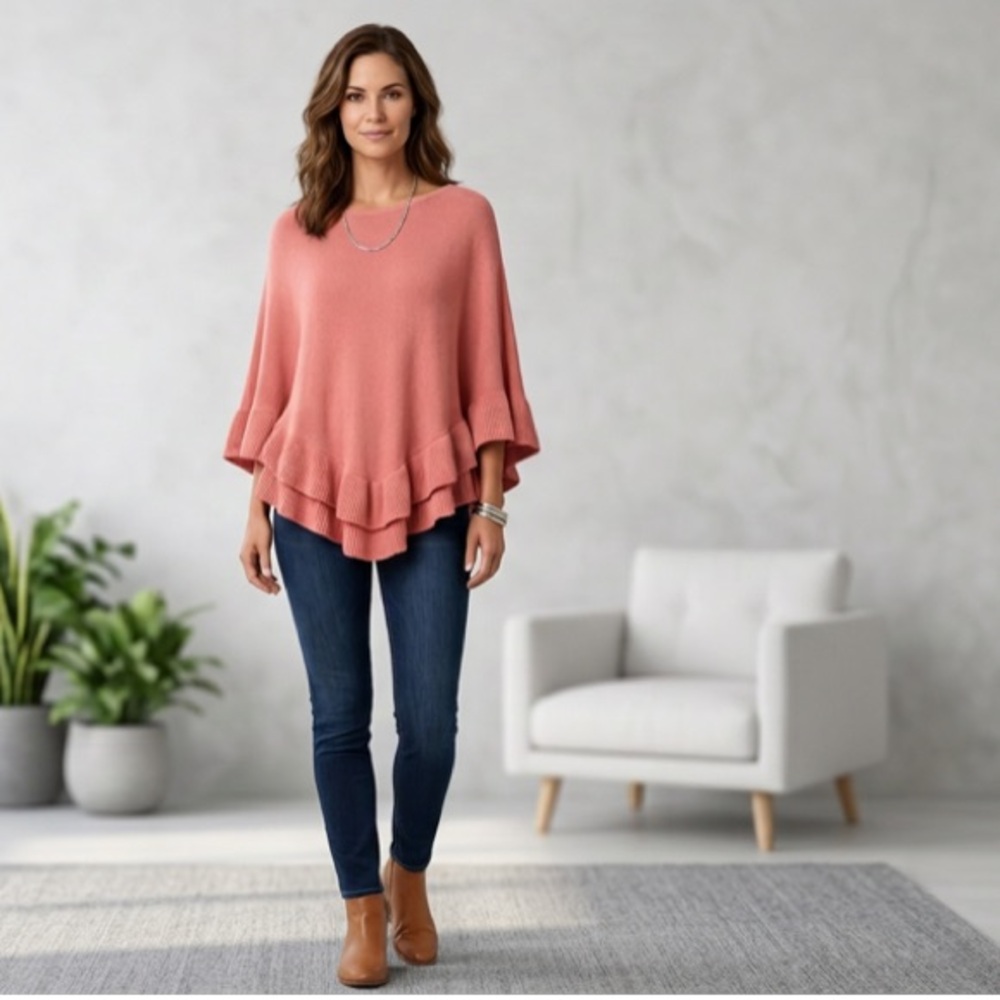Karen Scott Luxsoft Ruffle Hem Poncho in Soft Coral